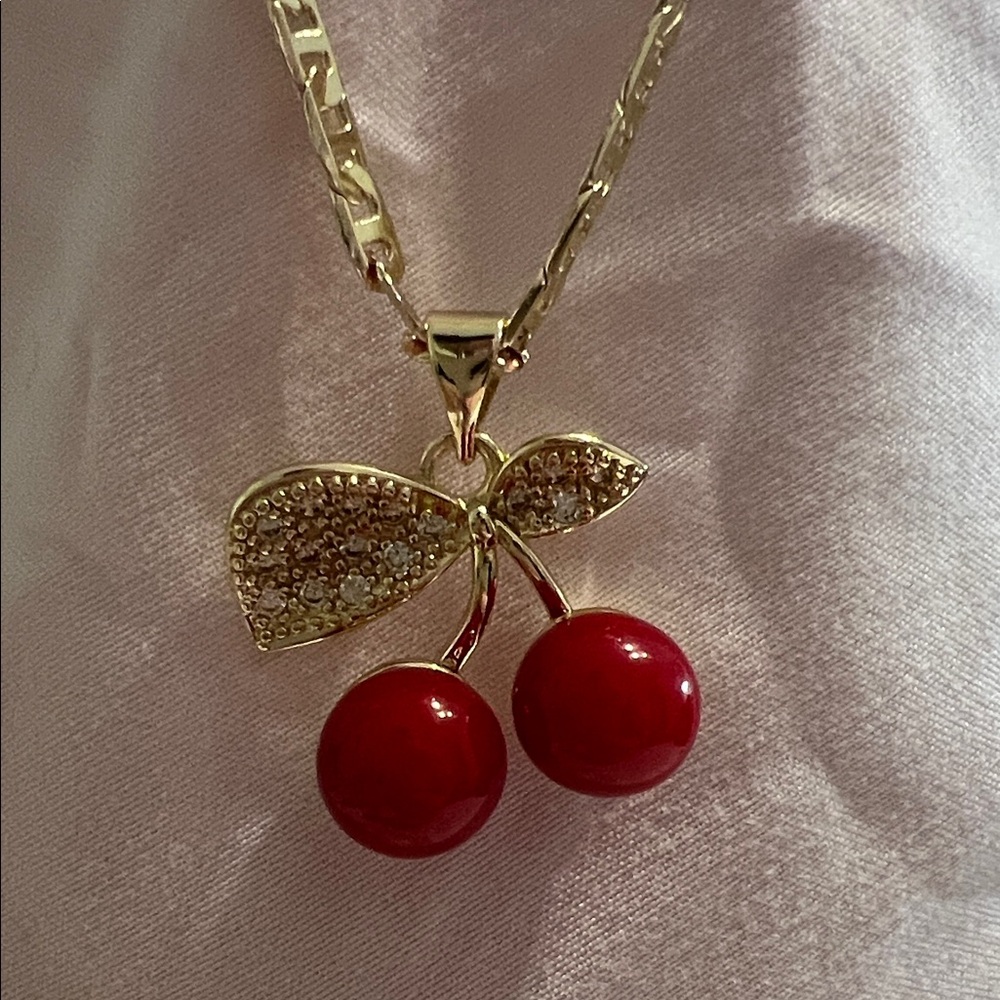 18k gold filled Gold Cherry Pendant Necklace with Red Enamel Cherries
